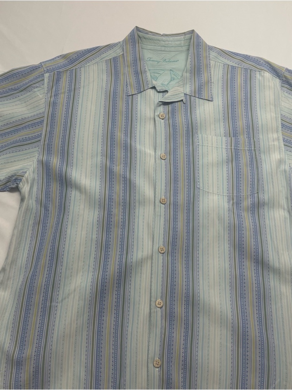 Tommy Bahama Mint Green & Blue Striped Short-Sleeve Button-Up Shirt Silk